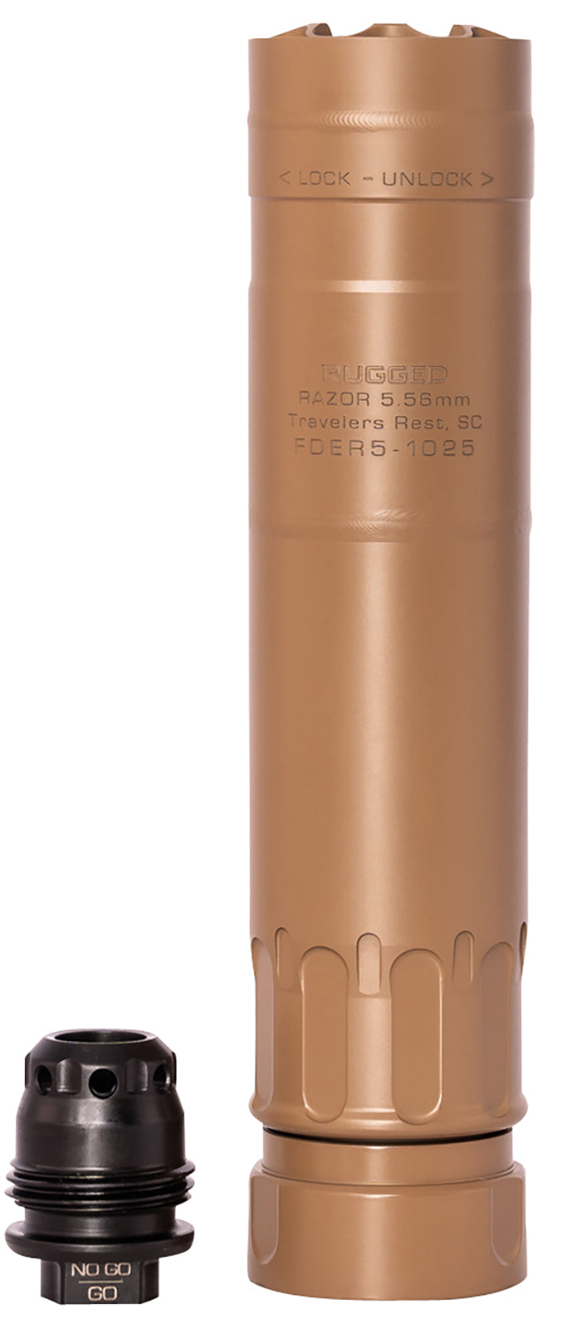 Rugged Suppressors RZRFDE556 Razor 556 22 Cal (5.56mm), 6.40" L FDE Stainless Steel, Includes 1/2"-28 M2 QD Brake